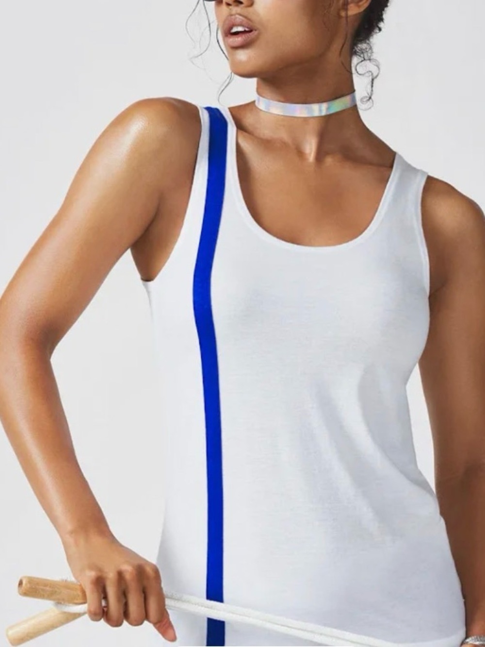 NWOT Fabletics Mars Tank Top Sleeveless White with Blue Stripe Size Medium